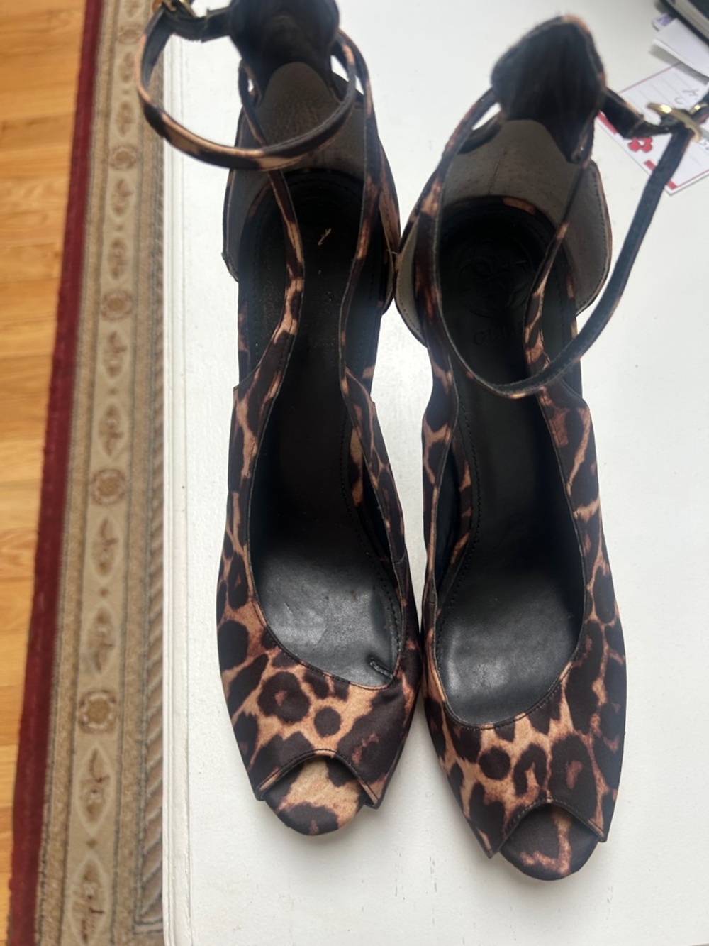 Guess Leopard Print Peep-Toe Ankle Strap Heels - Brown/Tan